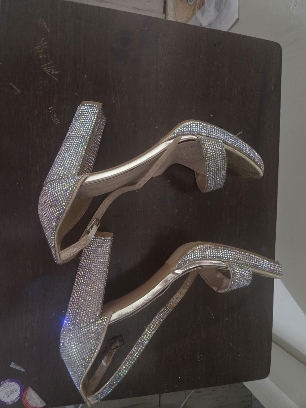 Sparkling Crystal Block Heel Sandals - Champagne